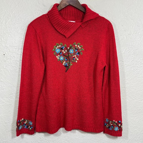 Vtg 90s Needlepoint Sweater Medium Shawl 3D Knit Heart Love Granny Gma Nature - Picture 1 of 12